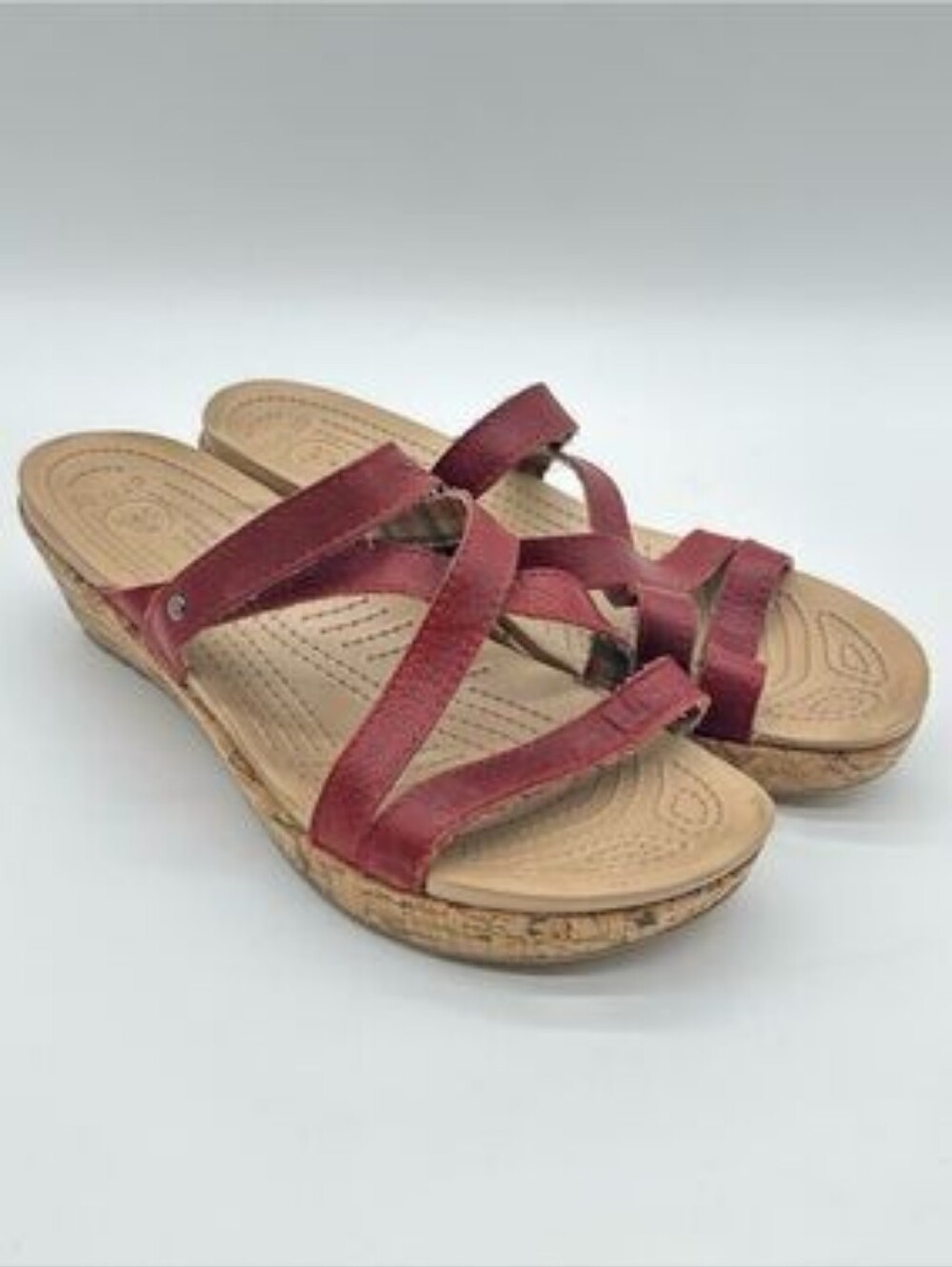Crocs A Leigh Sandals Women's 7 Brown Tan Leather Wedge Strappy Open Toe Slip On